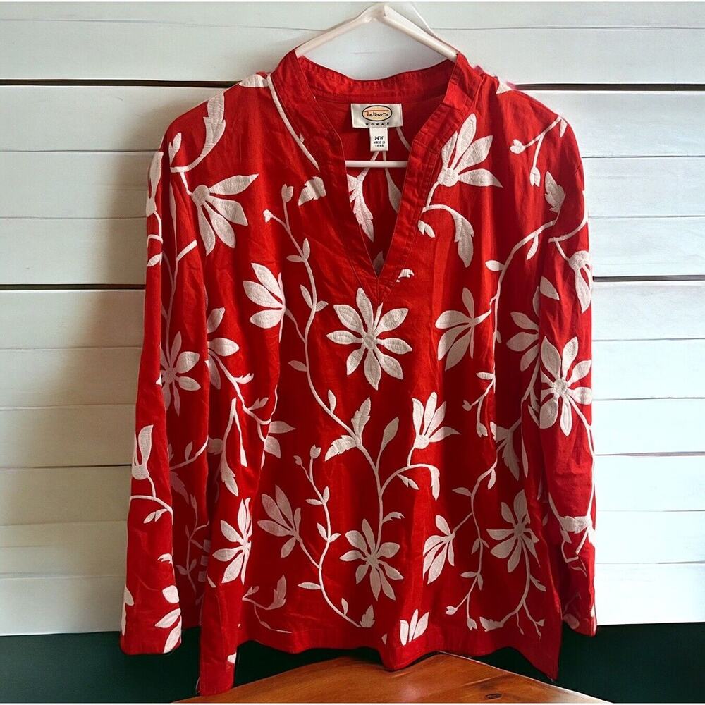 TALBOTS Woman White & Red Floral‎ Embroidered Tunic Top Size 14W V Neck
